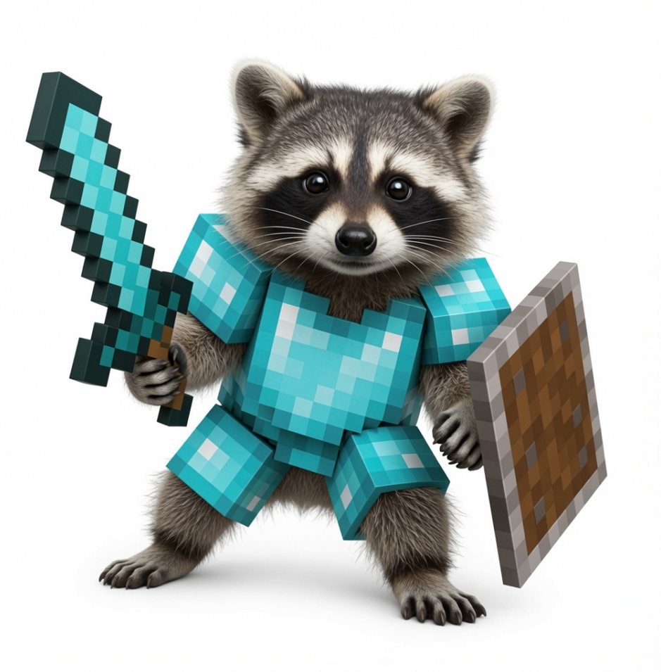pveracoon: raccoon in cyan pixel armor